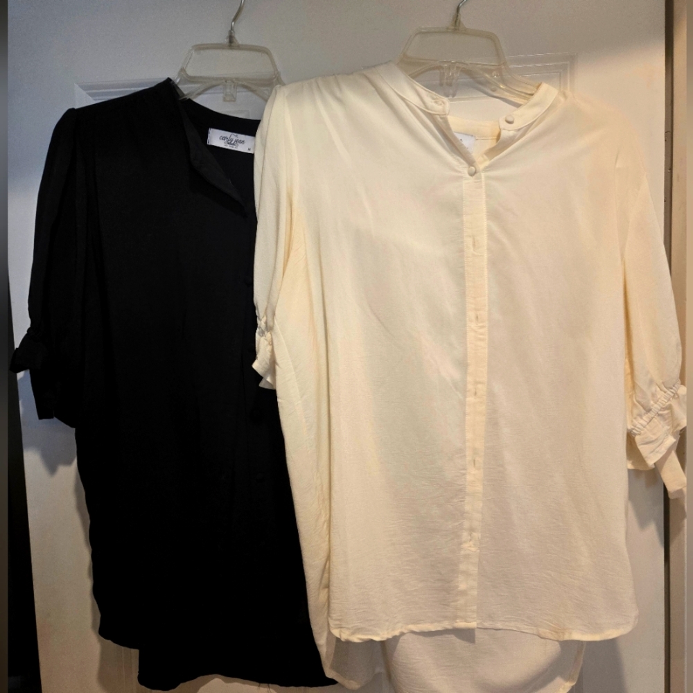 Lot Of (2) Carly Jean Los Angeles Black and Cream Button Down Blouses
